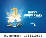 3 rd year anniversary banner with open burst gift box. Template third birthday celebration and abstract text on blue background vector illustration