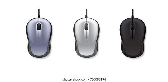 3 realistic computer mouses on white background. Vector illustration.