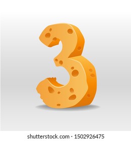 3. Realistic figure of cheese. 3D vector illustration. Numeral three of cheesy font. Element for banner, poster, card, flyer design.