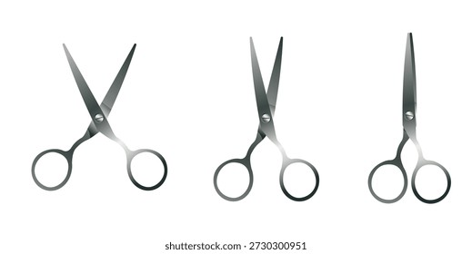 3 Realistic metal scissors set, vector illustration of open and closed sharp cutting tools. Isolated.