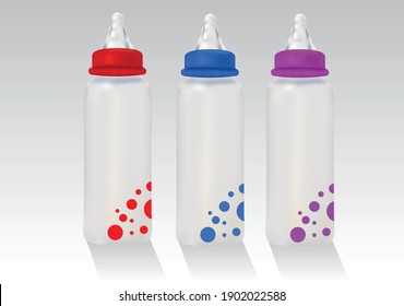 3 realistic red, blue and violet feeding bottles made in vectors