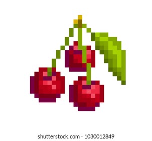 3 red appetizing cherries with leaf  isolated on white background, pixel art icon. Old school 8 bit slot machine pictogram. Square grid illustration. Fruit emblem. Retro 80s,90s video game graphics.