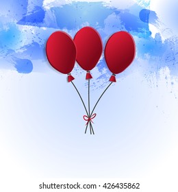 3 red balloons on white background with blue watercolor texture