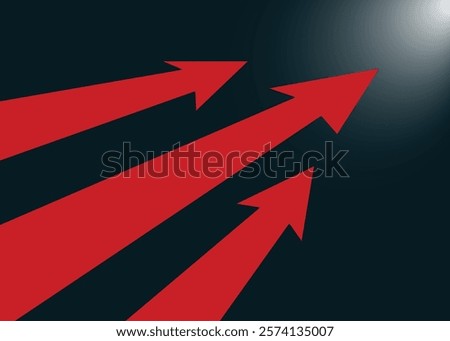 3 red business arrows moving forward and rising up to to the light achieve goals and profits with black background