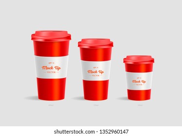 3 red coffee cups with holder mockup on red  background. Cups of different size. Mock up. Mock-up. Coffee away. Coffee to go. Vector branding illustration.