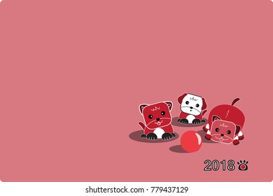 3 Red dogs on pastel red background.Friendly 3 dogs playing ball together, footprints and the 2018 number placed on red.Concept of happy and joyful for 2018 Chinese new year.