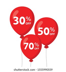 3 red flying balloons with 30% 50% 70% sale flat design illustration. Simple modern concept vector for app ads icon web banner button ui ux interface elements isolated on white background