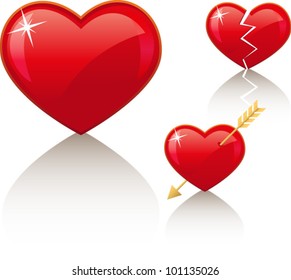 3 red vector icons: simple heart, broken heart and heart with arrow