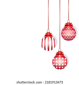 3 red and white  christmas balls with a little red bows hanging on the rope. Different ornament. Christmas background. Graphic design.