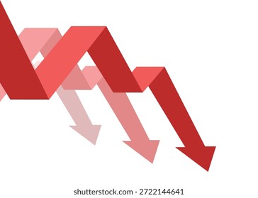 3 Flecha roja del negocio del zigzag que cae abajo que representa la pérdida global, la disminución, y la tendencia descendente continua