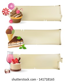 3 retro-styled banners with sweets and candies