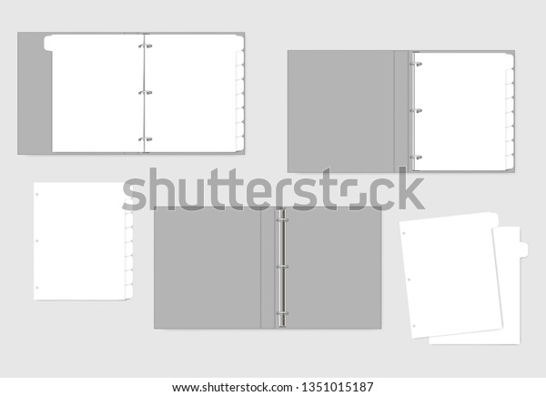 3\
ring binder and hole punched white paper sheets with tab dividers,\
realistic mockup. Refillable notebook, vector\
template.