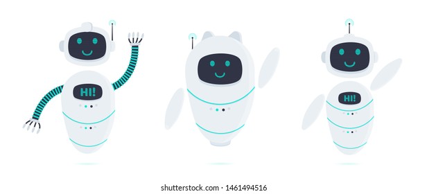 3 robots chatbot icon sign set flat style design vector illustration isolated on white background. Cute AI bots helper mascot character concept symbol business assistant.