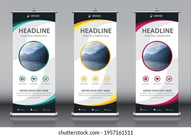 3 Roll up banner design template vectors with an image, titles, description, three themes. Vertical sign board advertisement, X-banner and Street Business Flag, Exhibition banner, Layout Background