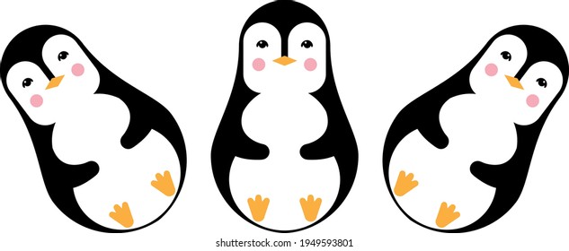 3 rolly-polly tilting penguins isoleted on white. Tumbler toy dolls balance concept