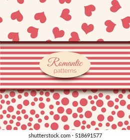 3 romantic vector seamless patterns. Pink and beige color tiling. Endless background can be used for printing onto fabric and paper or scrap booking. Wedding or Valentine's vectors