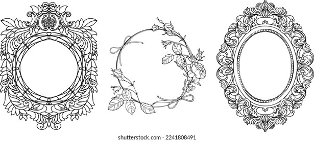 3 round frames. Retro ornamental frame, vintage rectangle ornaments and ornate border. Decorative wedding frames, antique museum picture borders or deco devider. Isolated icons vector set