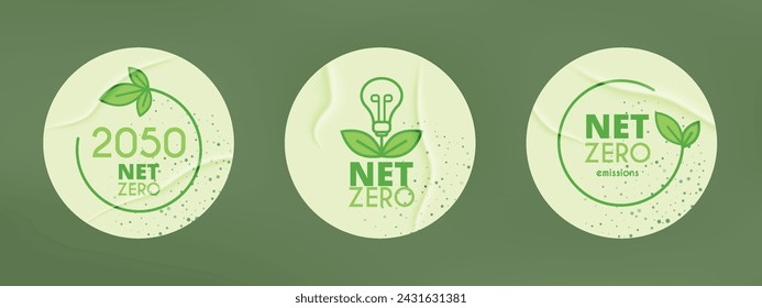 3 round glued stickers. Net zero 2050 icon. Reduction of carbon emissions. Sustainable and green energy practices. ESG and CO2 neutral concept. Vector illustration in green color