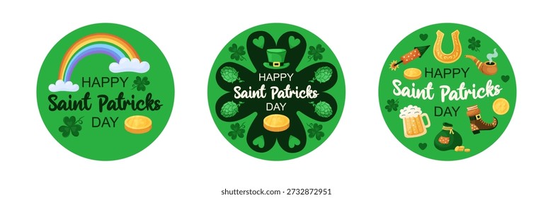 3 Round Saint Patricks Day web banners on green background. Holiday greeting card. Hand drawn vector illustration.