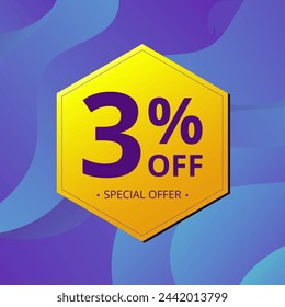 3% Sale and Discount Label. Three percent Sale Discount label Geometric design. Abstract Blue and Yellow Hexagon. Vector illustration.