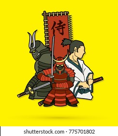 3 Samurai composition with flag Japanese font mean Samurai  cartoon graphic vector