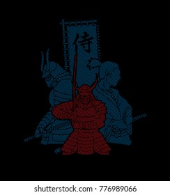 3 Samurai composition with flag Japanese font mean Samurai  designed using dots pixels graphic vector