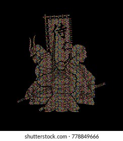 3 Samurai composition with flag Japanese font mean Samurai  designed using colorful mosaic graphic vector