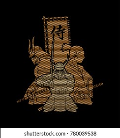 3 Samurai composition with flag Japanese font mean Samurai designed using geometric pattern graphic vector