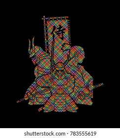 3 Samurai composition with flag Japanese font mean Samurai designed using dots pixels graphic vector