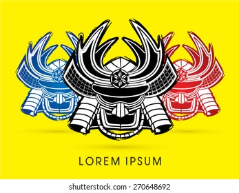 3 Samurai mask, Head, Face , designed using grunge brush, logo, symbol, icon, graphic, vector.