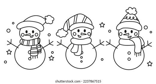 3 Santa snowmen in hats and scarves winter black and white coloring page with stars on the background. Vector simple illustration on a white background. Christmas, New Year, coloring book for children