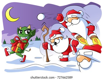 3 Santas chase evil goblin who stole a present. Coloring book pages. Vector EPS10