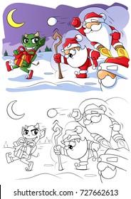 3 Santas chase evil goblin who stole a present. Coloring book pages. Vector EPS10