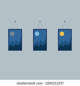 3 escenas del cuadro de imagen colgante de día y noche de la luna y diseño vectorial de ilustración de montaña para la decoración