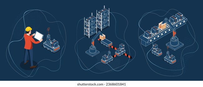 3 escenas del concepto Industria 4.0 con el trabajador de almacén y el brazo robótico levanta el paquete y los apila en el transportador de correa y Robot autónomo. Ilustración vectorial eps10