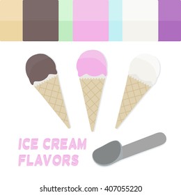 3 scoops of ice cream in a 3 cone, 3 and more flavors - strawberry, chocolate, vanilla, mint, pistachio, pralines and cream, berry