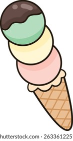 3 scoops of lemon curd ice cream cone topped with chocolate sauce, vanilla and strawberry