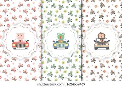 3 Seamleass pattern with cute animals concept. pig,lion and frog driving a car concept