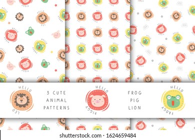 3 Seamleass pattern with cute animals concept. pig,lion and frog with colorful polka dot style