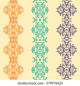 3 seamless borders in american indian style. Embroidery dotted schemes. Pixel navajo backgrounds. Textile geo prints and dividers. Beading chevron design. Cloth separators. Aztec pattern.