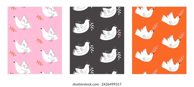 3 Seamless pattern with dove and branch. Background with message no war, world peace and peace day. Vector illustration for fabric, wallpaper, wrapping paper, textile.