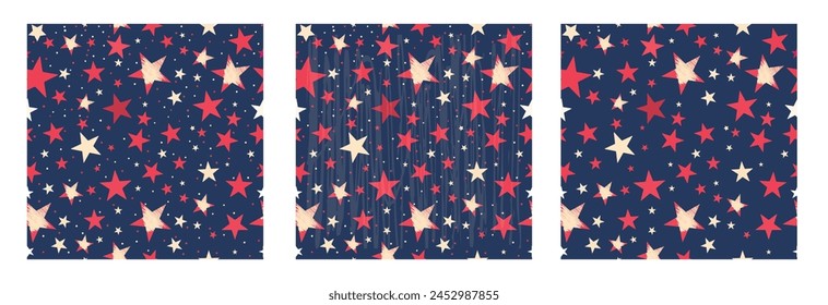 3 Seamless pattern star style in USA theme those all can fit together in 4 edge.