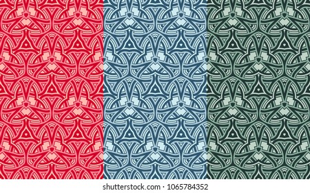3 seamless patterns with contemporary ornament of red, blue, and green shades