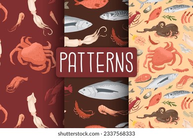 3 Seamless patterns with seafood products. Fresh fish, crab, lobster and shrimps. Concept for fish farms and food markets. Food rich in protein. Vector illustration isolated on white background.