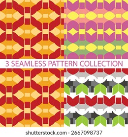 3 seamless repeat abstract patterns collection design for textiles, fabrics, garments, cloth, wallpaper, sheets, paper, tile, backdrops, decor, background, texture, and motif industrial illustrations.