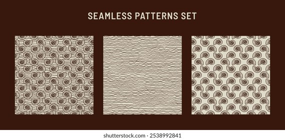 3 seamless vector patterns featuring nautical themes with shells, waves, and spiral designs. The patterns are drawn in brown lines on a cream background, creating an elegant marine-inspired set.