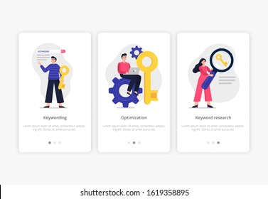 3 search engine optimization illustrations: keywording, optimization and keyword research. Web developers team search for keywords to improve website page rank. Modern Flat Vector.