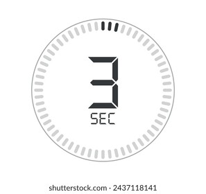 3 segundos. Diseño de reloj digital de contador de segundos. Vector para marcar el tiempo aislado sobre fondo blanco