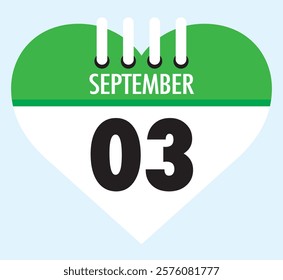 3 September calendar icon green heart shape on light sky blue color background, calendar vector symbol for the month of September.