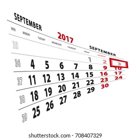 3 September highlighted on calendar 2017. Week starts from Monday. Vector Illustration.